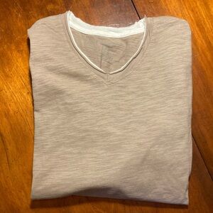 Mens Tan white crew neck long sleeve tee sweatshirt textured cotton blend NWOT